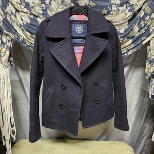 Y2K American Eagle Recycled Wool Navy Blue Pea Coat size XXS/XS